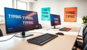Engaging workspace in a typing center with dual monitors and ergonomic setup.