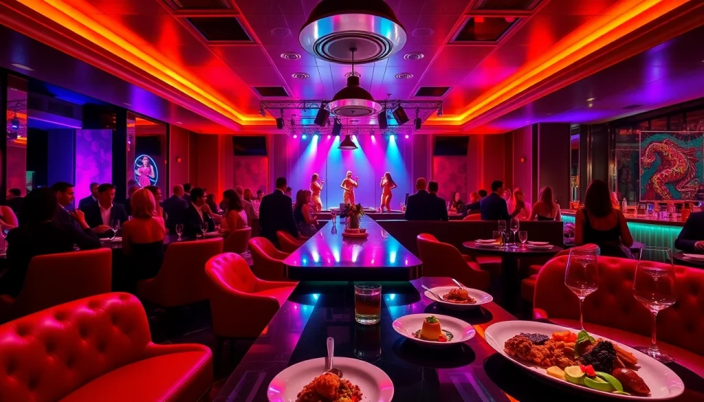 Dinner sxm scene at Club Noir, showcasing a lively atmosphere with performers, cocktails, and elegant dining.