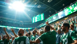 Exciting atmosphere during a sports betting event, showcasing sportsbooks in Texas with vibrant fans cheering.