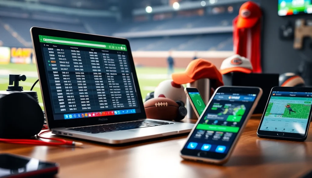 Engaged bettor analyzing odds on sportsbooks in California with devices and memorabilia around