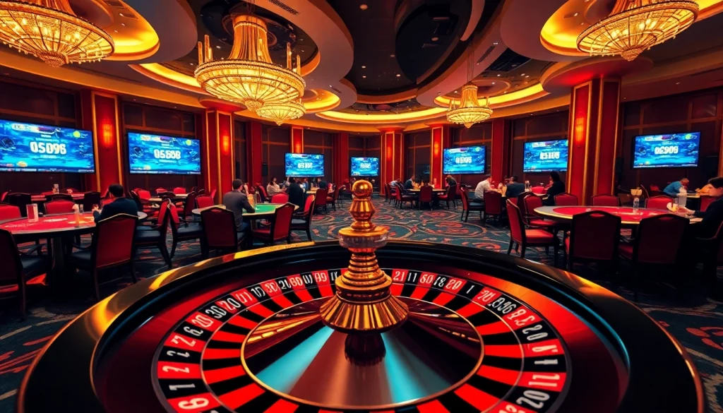 Experience the thrill of online gambling at nh88vn.net with players at a luxurious casino table.