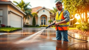 Concrete cleaning technician professionally pressure washing a driveway in Kissimmee, enhancing curb appeal.