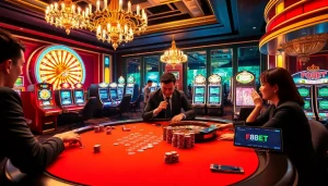 Experience thrilling gameplay at F8BET with vibrant casino elements like slot machines and poker tables.