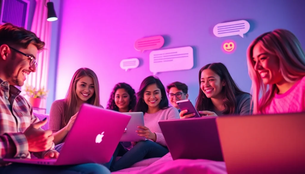 Friendly online sex chat environment with diverse individuals engaged in conversation.