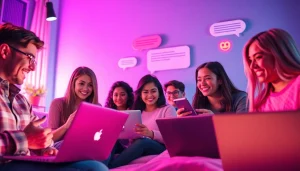 Friendly online sex chat environment with diverse individuals engaged in conversation.