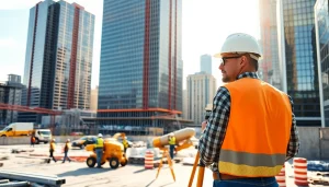New York General Contractor supervising a busy construction site with cityscape background
