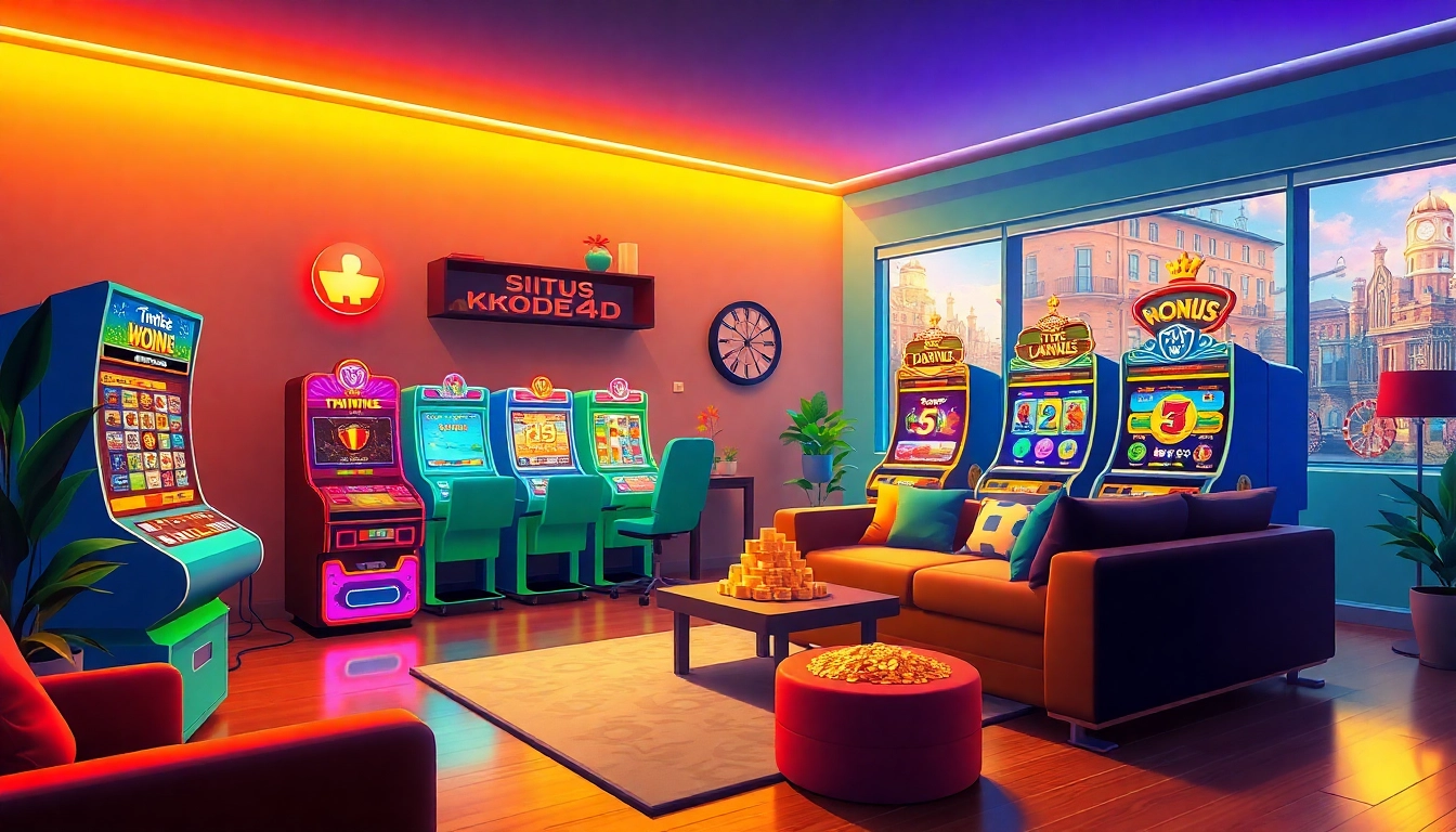 Situs kode4d showcasing a vibrant online gaming atmosphere with colorful slot machines.