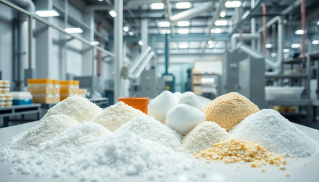 Édulcorant industriel displayed prominently in a modern manufacturing setting, showcasing various sweetening agents.