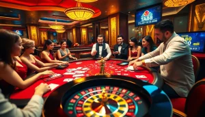 Experience thrilling gameplay at ta88 com with a vibrant casino scene featuring poker tables and exciting players.