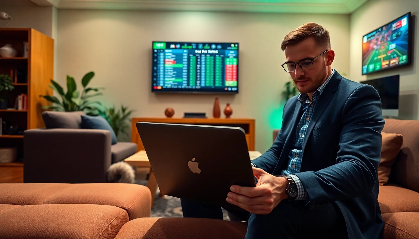Engaged bettors using laptops to bet at sportsbooks in Oklahoma in a vibrant setting.