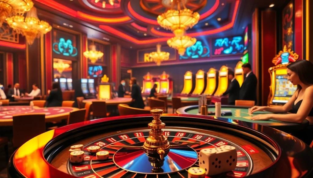 Experience the excitement of RR88 in a luxurious casino setting with vibrant gaming elements.