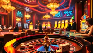 Experience the excitement of RR88 in a luxurious casino setting with vibrant gaming elements.