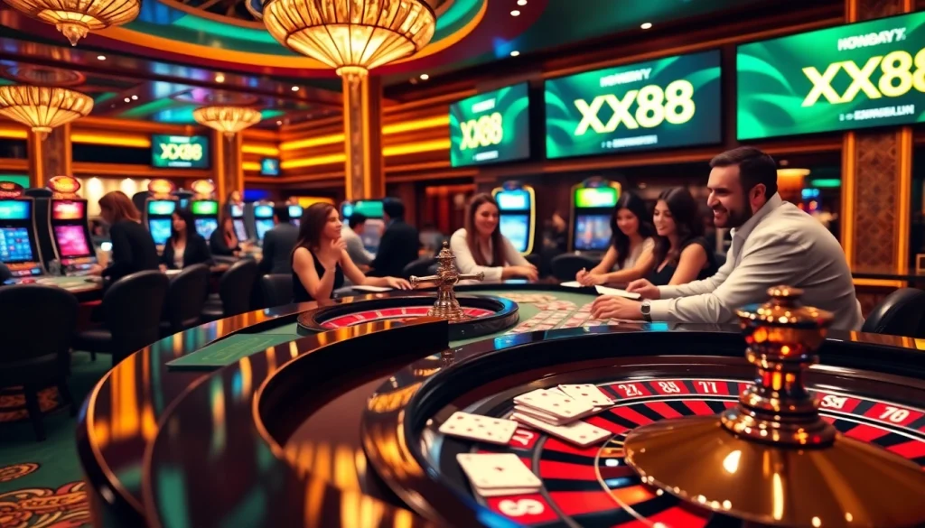 Excited players engaging at a roulette table with the vibrant atmosphere of https://xx88.nl/ online gambling.