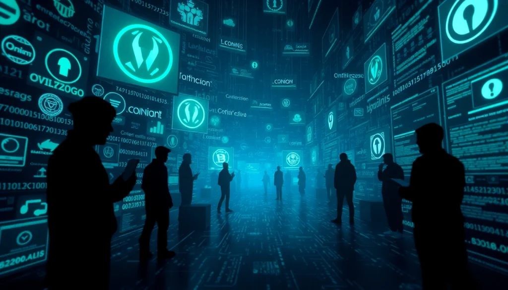 The hidden wiki visualization showing dark web symbols, .onion links, and users exploring in a mysterious digital landscape.