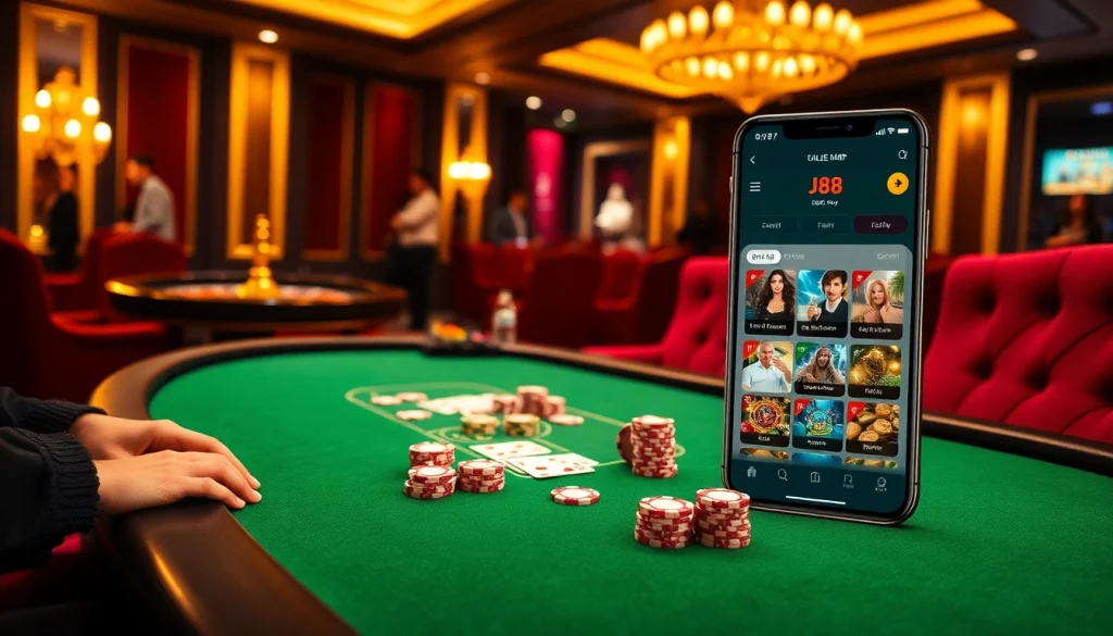 Players engaging at a casino table with j88-themed mobile app interface showcasing games.