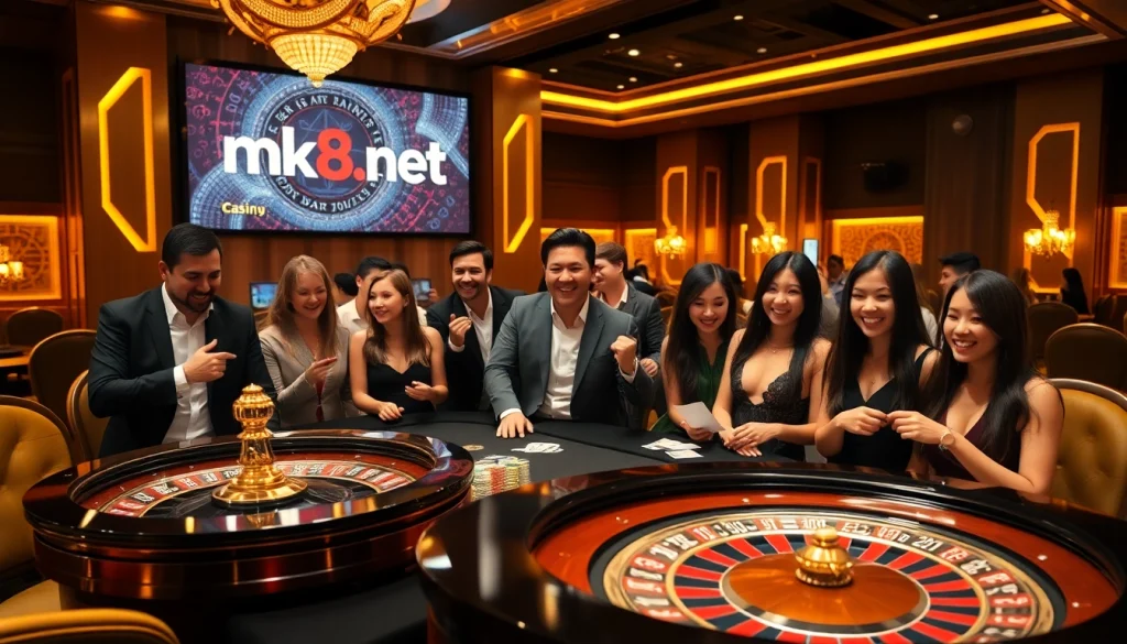 Engaged gamblers celebrate wins at mk8th.net's luxurious casino table.