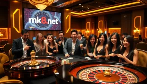 Engaged gamblers celebrate wins at mk8th.net's luxurious casino table.