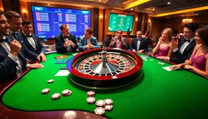 Players celebrating a big win at F8bet roulette table in a luxurious casino setting.