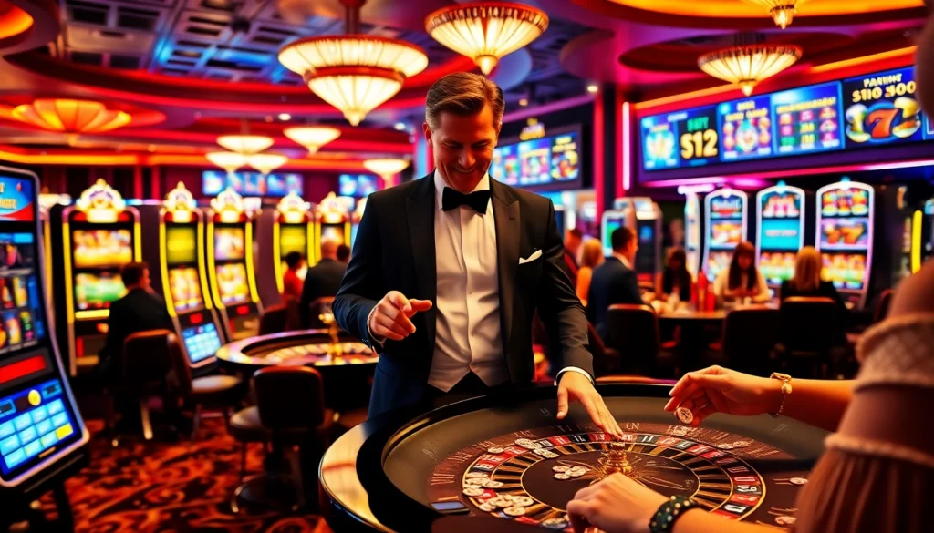 Experience the thrill of gambling at Onicplay with slot machines and poker chips in a luxurious casino.