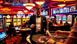 Experience the thrill of gambling at Onicplay with slot machines and poker chips in a luxurious casino.