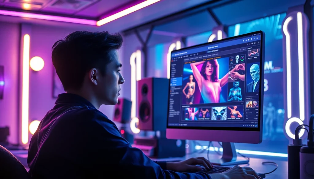 Innovative digital studio showcasing AI-generated adult content creation, emphasizing porn ai technology.