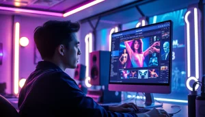 Innovative digital studio showcasing AI-generated adult content creation, emphasizing porn ai technology.