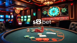 S88BET players enjoying a thrilling game at a high-stakes casino poker table with vibrant chips.