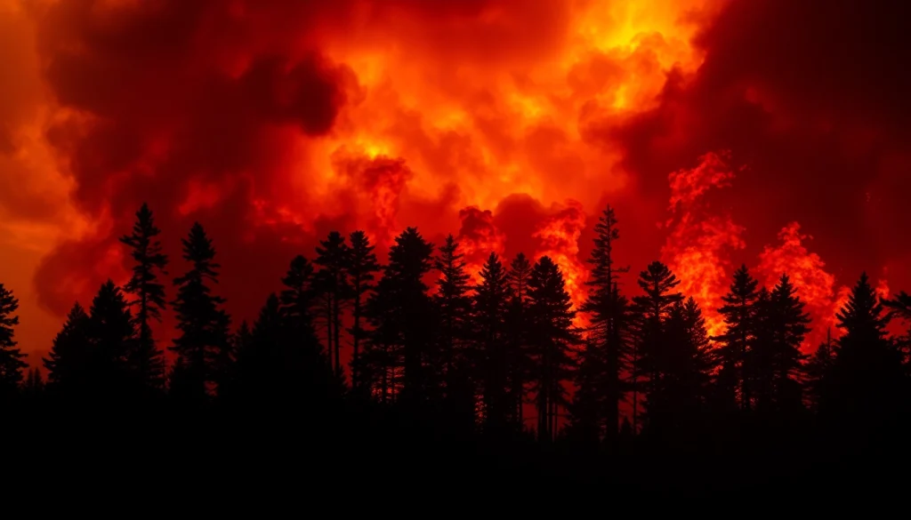 Dynamic depiction of wildfire events blazing through a forest, highlighting fire intensity and smoke.