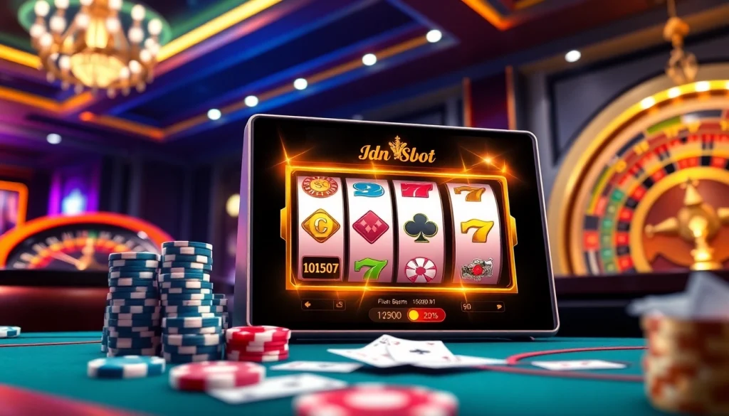 Spin the reels on Idnslot's luxurious online casino platform, featuring vibrant slot machines and winning poker chips.