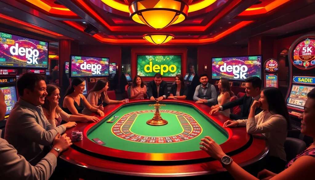 Excited gamblers engaging in a lively casino atmosphere with 'depo 5k' slot machines and colorful gaming elements.