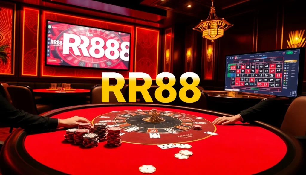 Experience the thrill of RR88 at a luxurious poker table with vibrant chips and cards.