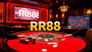 Experience the thrill of RR88 at a luxurious poker table with vibrant chips and cards.