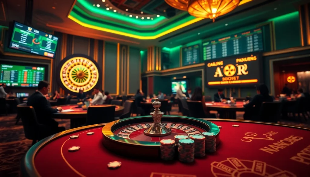 Exciting gambling scene showcasing a link alternatif sbobet interface with expert players at casino tables.