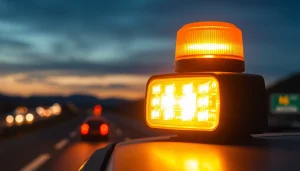 Warnleuchte V16 strahlend auf einem Fahrzeug in einem Notfallszenario mit dramatischer Beleuchtung.