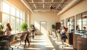 A vibrant hair salon san diego scene with stylists cutting and coloring hair, radiating a welcoming atmosphere.