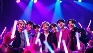 BTS members performing energetically on stage during a concert.