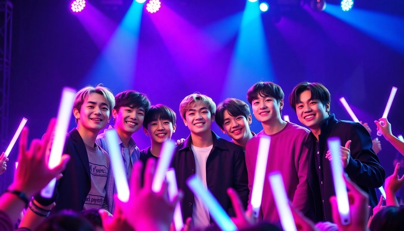BTS members performing energetically on stage during a concert.
