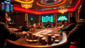 Engaging casino scene showcasing high-stakes poker and link alternatif sbobet betting excitement.