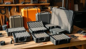 Showcasing protective foam Pelican Cases with detailed textures and custom inserts ideal for secure storage.
