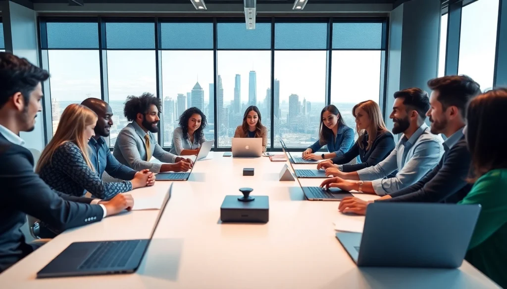 Team collaborating on a sales hiring platform strategy in a bright, professional setting.