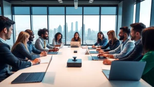 Team collaborating on a sales hiring platform strategy in a bright, professional setting.