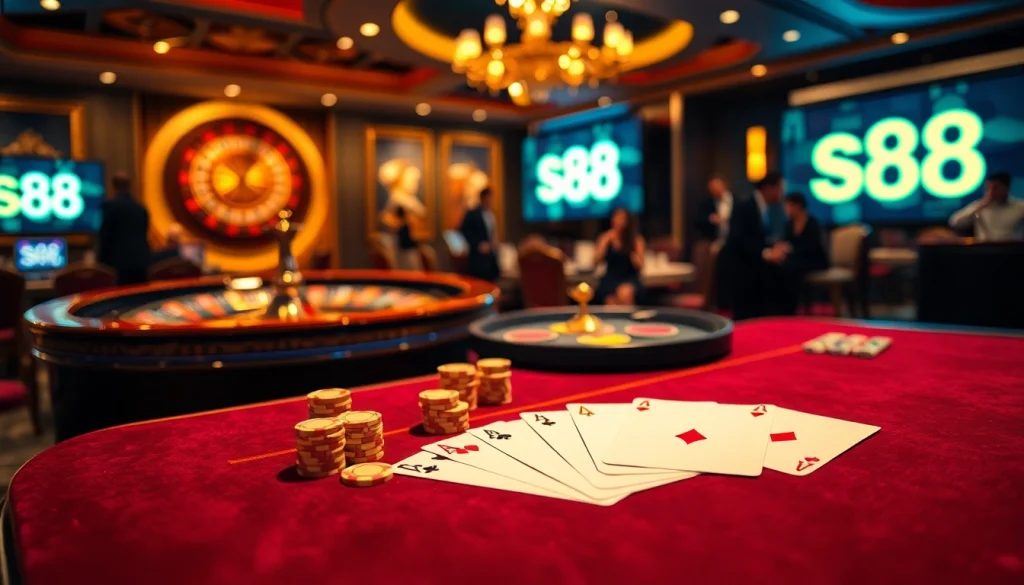 Players enjoying a high-stakes poker game at a luxurious casino table showcasing s88 elements.