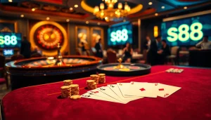Players enjoying a high-stakes poker game at a luxurious casino table showcasing s88 elements.
