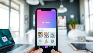 instapro apk download on a smartphone in a modern workspace featuring vibrant, tech-friendly elements.