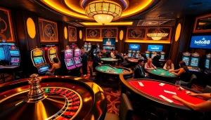 Experience thrilling gambling action at hello88 with elegant casino tables and vibrant slot machines.