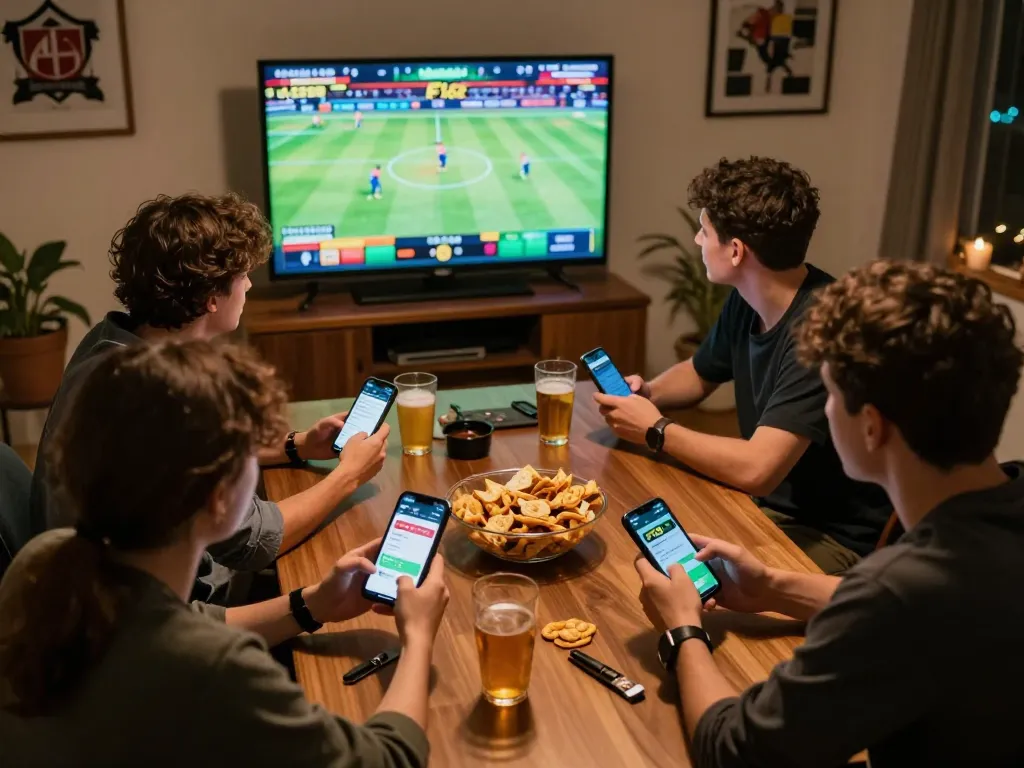 Friends placing bets using the F168 app during a thrilling sports game at home, creating an exciting atmosphere.
