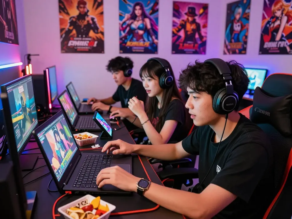 Engaging scene of gamers playing porno games on various devices in a vibrant gaming setup.