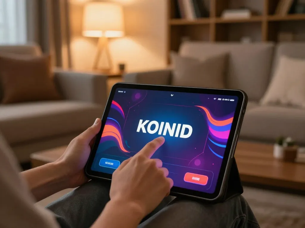 KOINID app interface displayed on tablet as user engages in online poker game from cozy home setting.