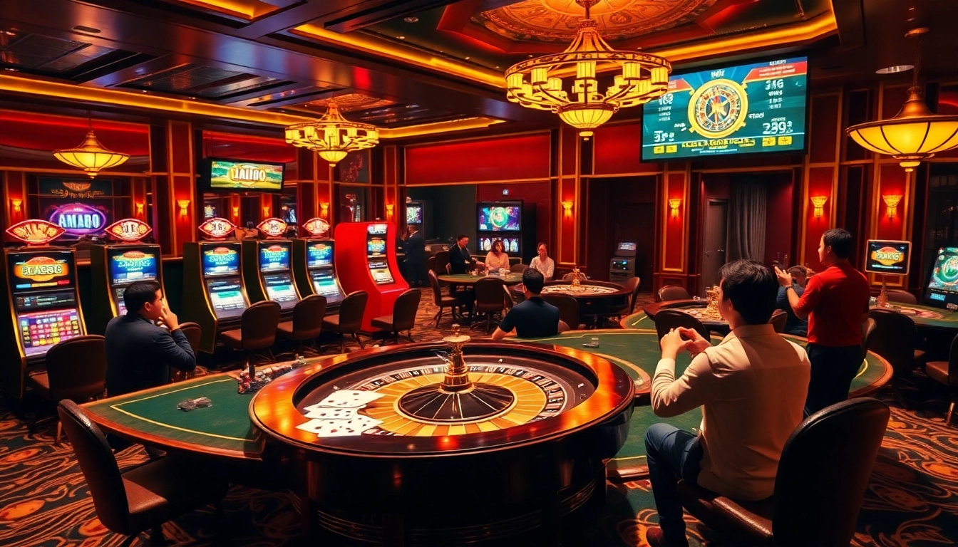 Excited gamblers engaging with casino games at mm88.land, featuring vibrant poker tables and lively slot machines.