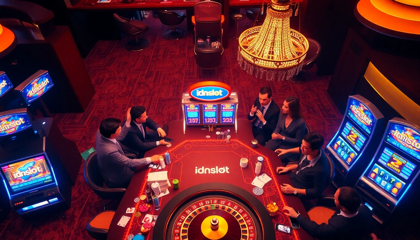 Gamblers enjoying the idnslot experience at a vibrant casino table filled with excitement and luxury.